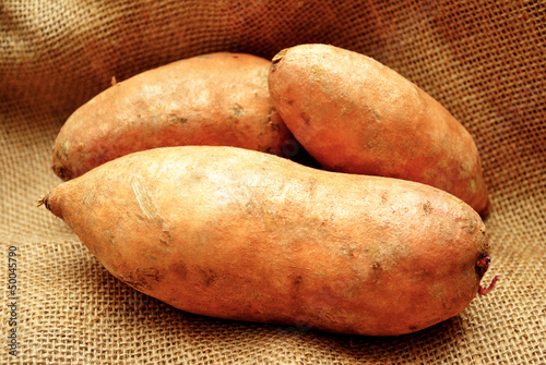 Three Sweet Potatoes on Burlap photo