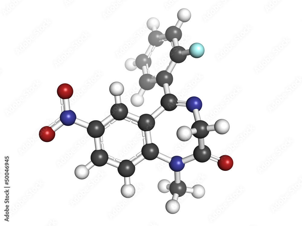 flunitrazepam benzodiazepine drug, molecular model
