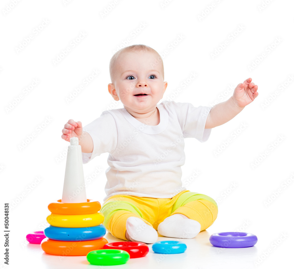 happy baby girl playing with colorful toy isolated on white happy baby girl playing with colorful toy isolated on white