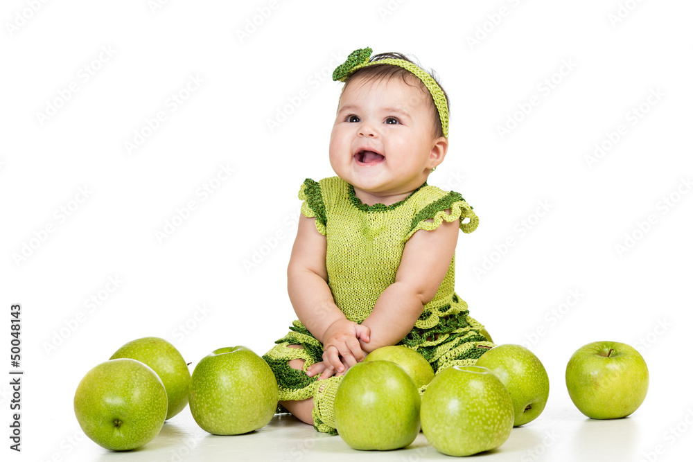 happy baby girl with green apples isolated on white background happy baby girl with green apples isolated on white background