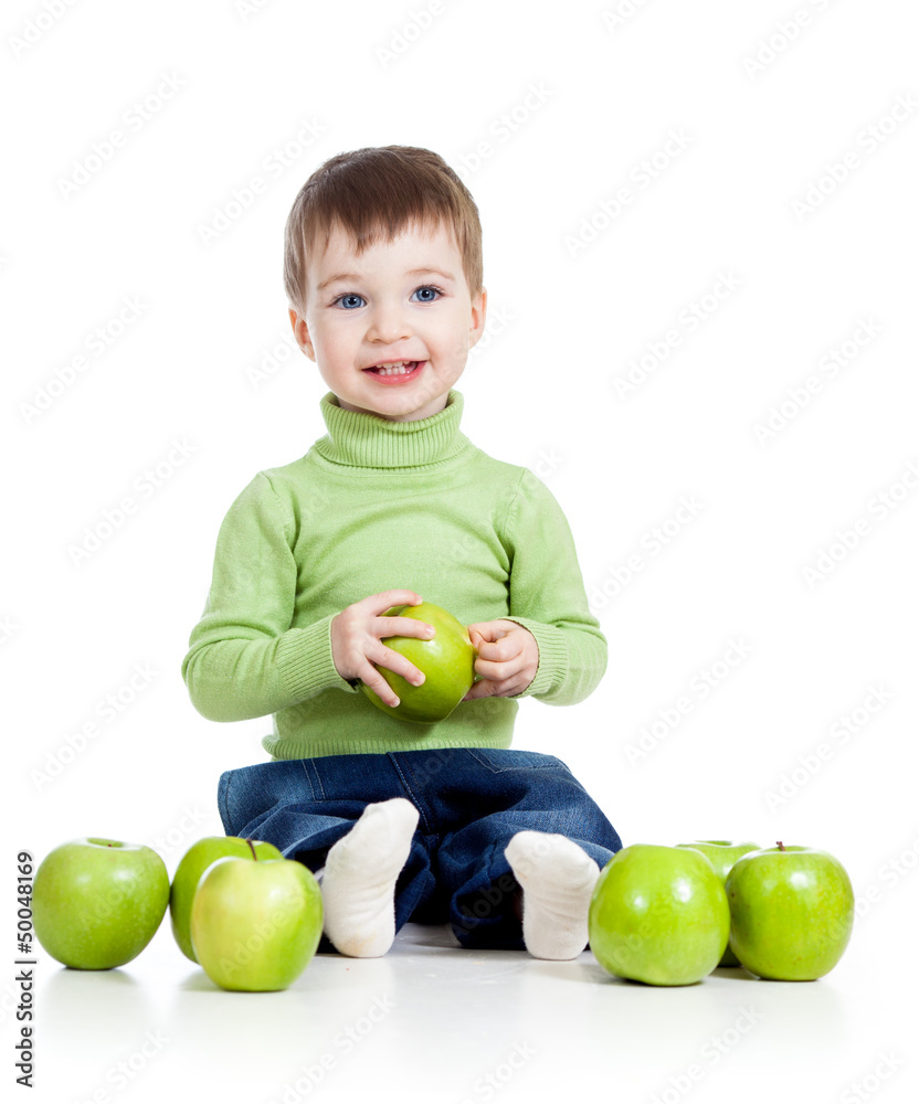 happy baby boy with green apples isolated on white background happy baby boy with green apples isolated on white background
