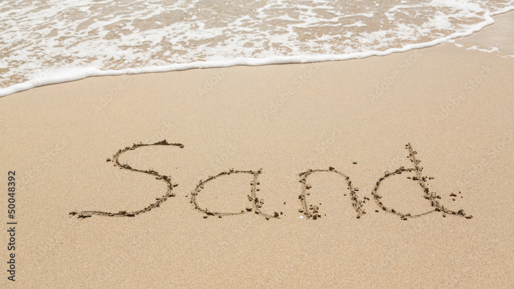 Drawing in beach by ocean of Sand word Drawing in beach by ocean of Sand word