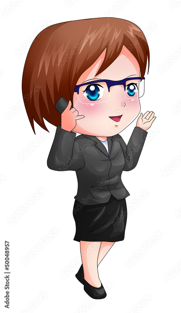Cute cartoon illustration of a woman figure in a suit using cell Cute cartoon illustration of a woman figure in a suit using cell