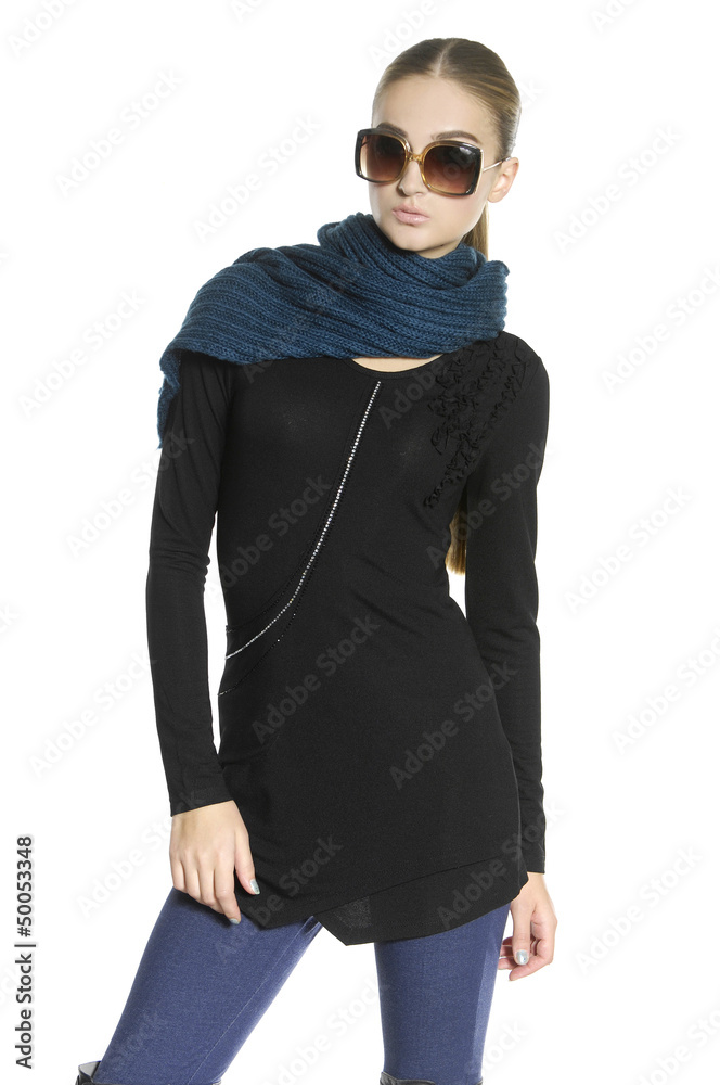 fashion model woman with sunglasses and scarf posing