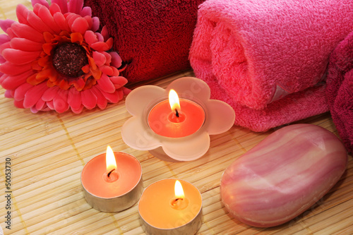 Towels  soaps  flowers  candles