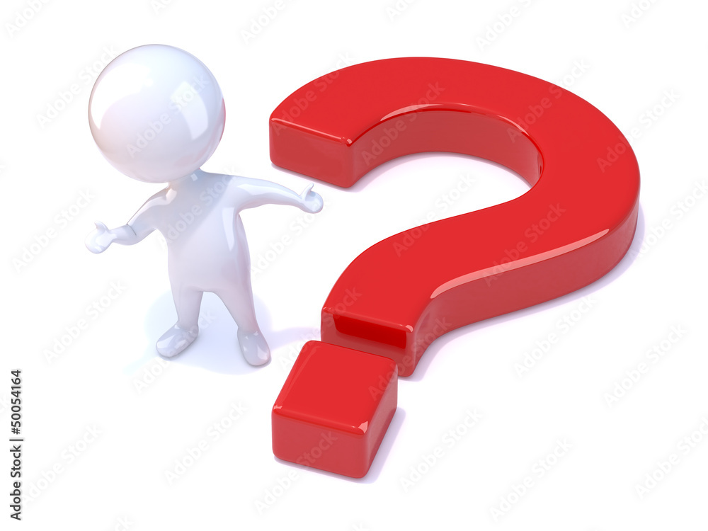 Little man with big red question mark on floor Little man with big red question mark on floor