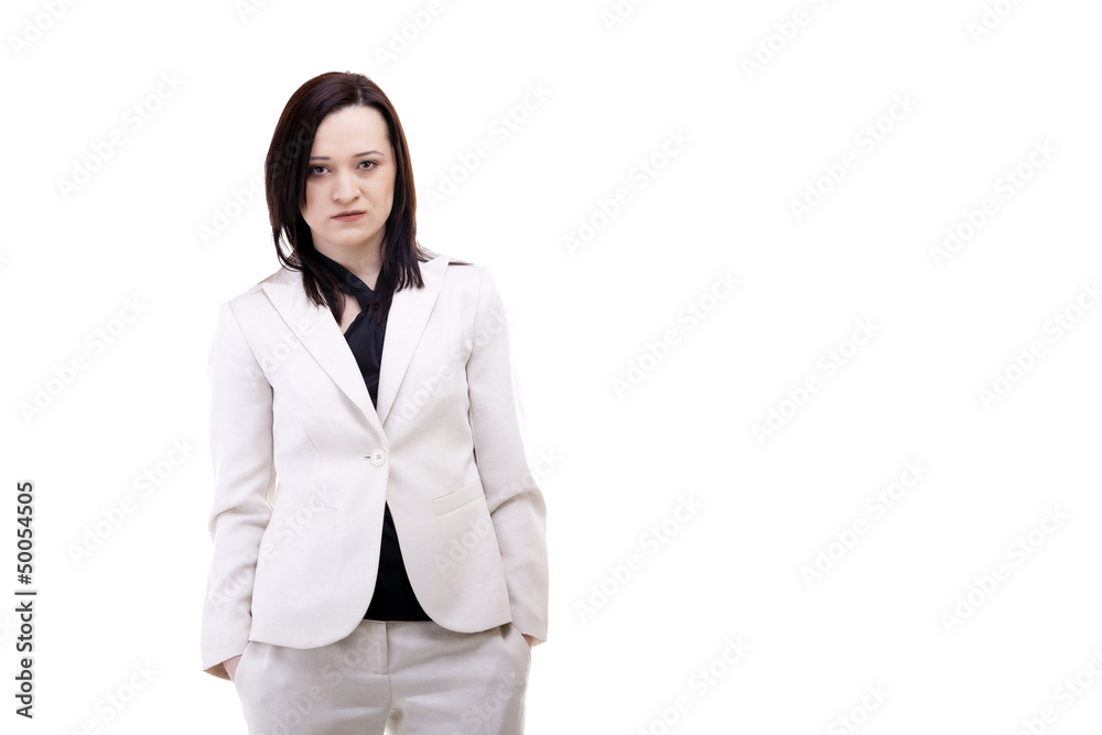 Caucasian Businesswoman in a white suit isolated on white backgr Caucasian Businesswoman in a white suit isolated on white backgr