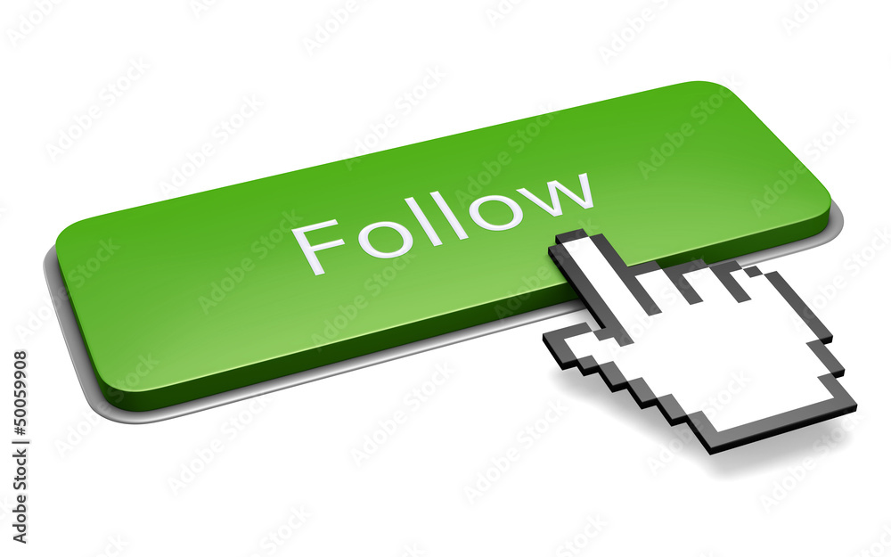 Green follow button and hand cursor concept Green follow button and hand cursor concept