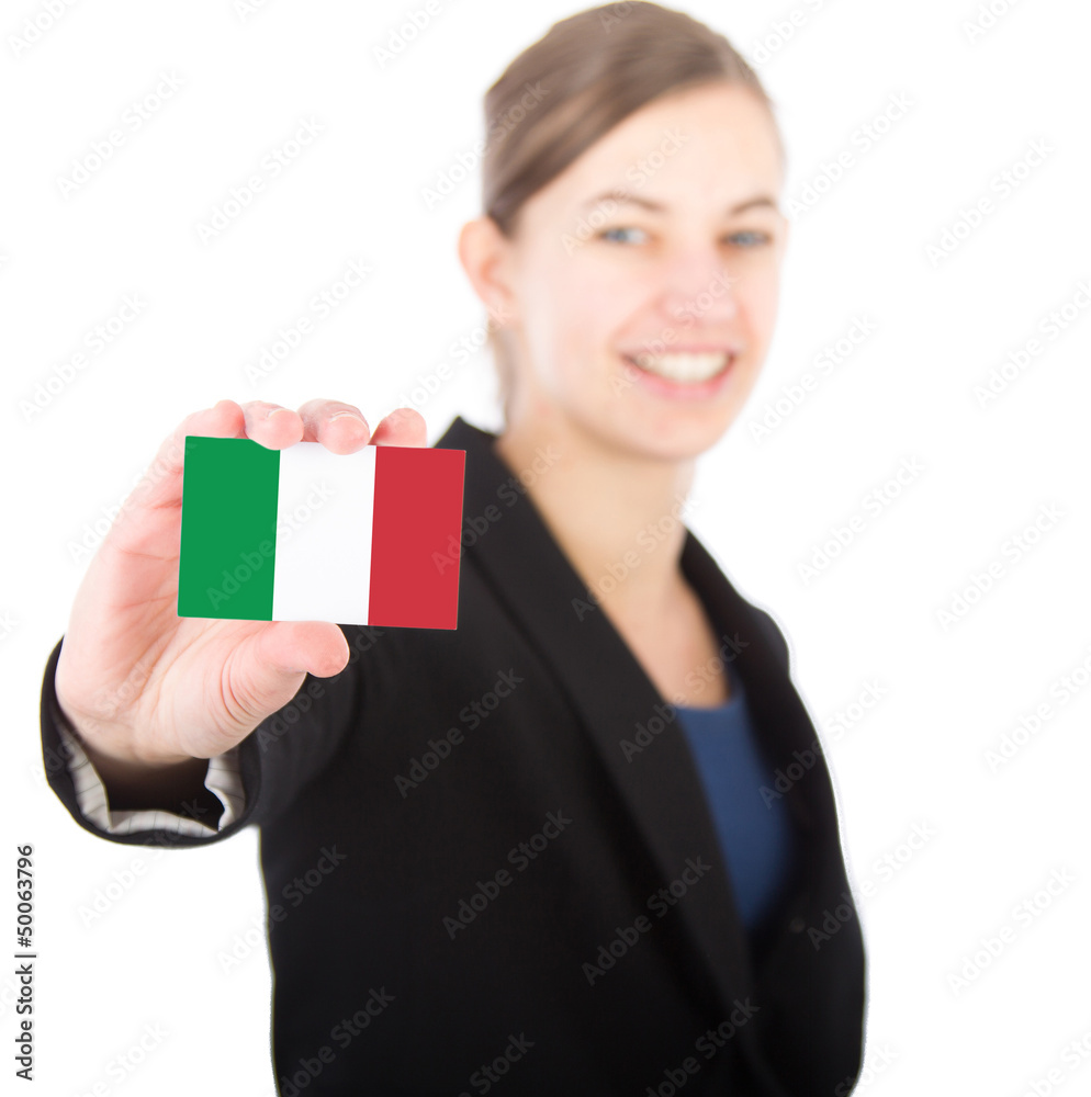 business woman holding a card with the Italian flag business woman holding a card with the Italian flag