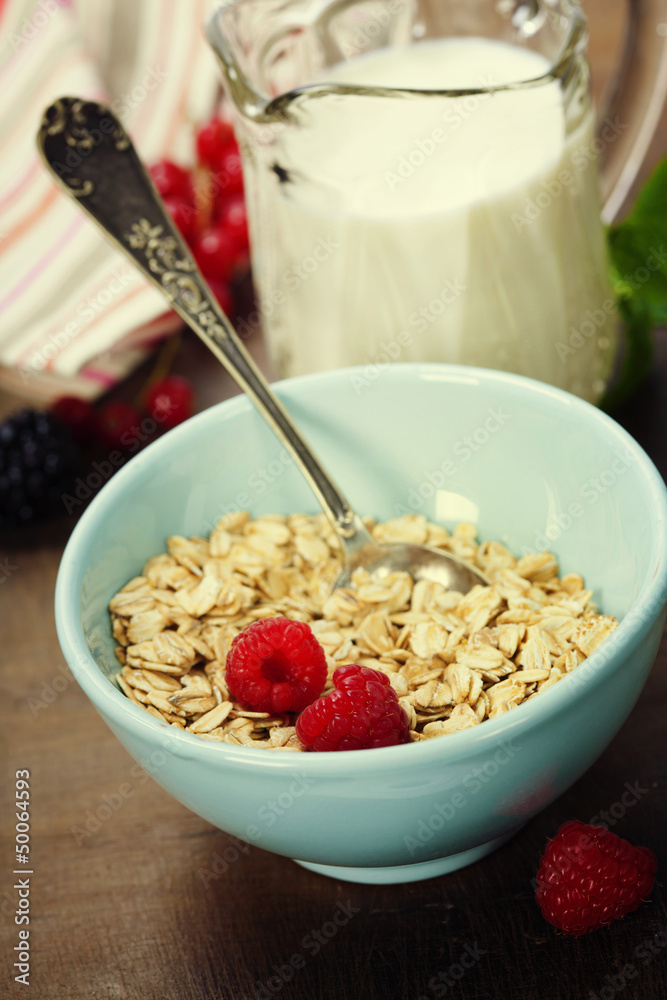 healthy breakfast with bowl of oat flakes healthy breakfast with bowl of oat flakes