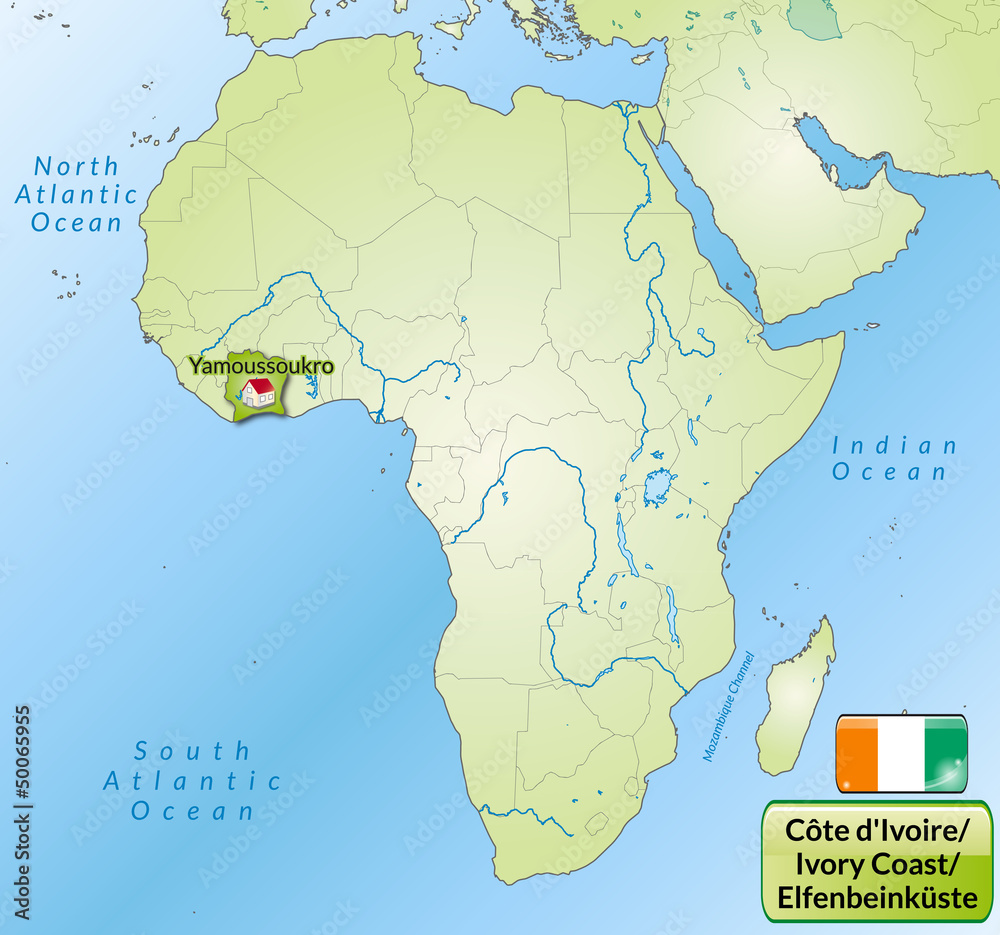 Übersichtskarte der Elfenbeinküste mit Landesflagge