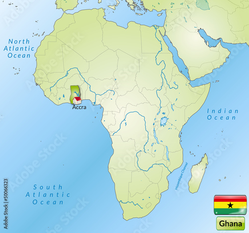 Übersichtskarte von Ghana mit Landesflagge