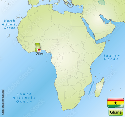 Übersichtskarte von Ghana mit Landesflagge