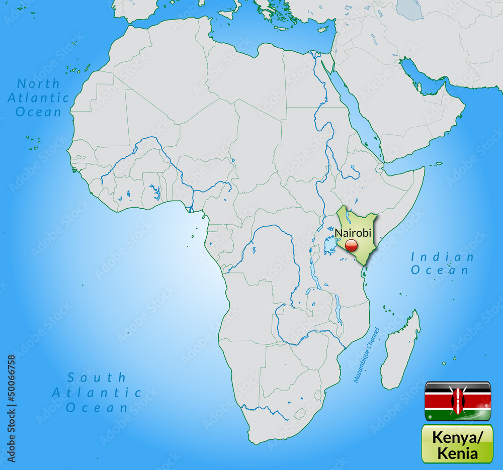 Übersichtskarte von Kenia mit Landesflagge