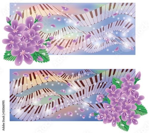 Spring banners with sakura and piano keys, vector