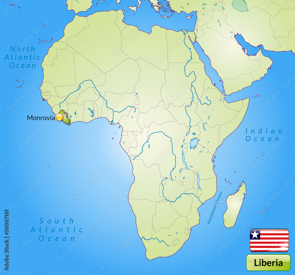 Übersichtskarte von Liberia mit Landesflagge