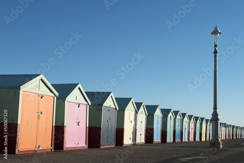 Colorful Beach Huts at Hove, East Sussex, UK.