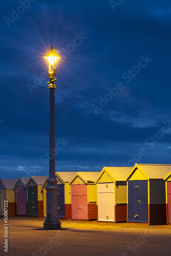 Hove Beach Huts at Night, East Sussex, UK.