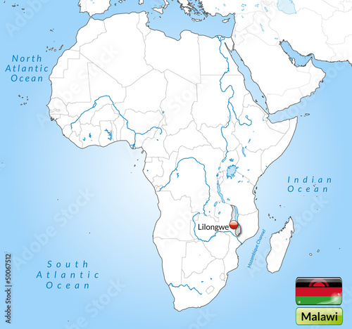Übersichtskarte von Malawi mit Landesflagge