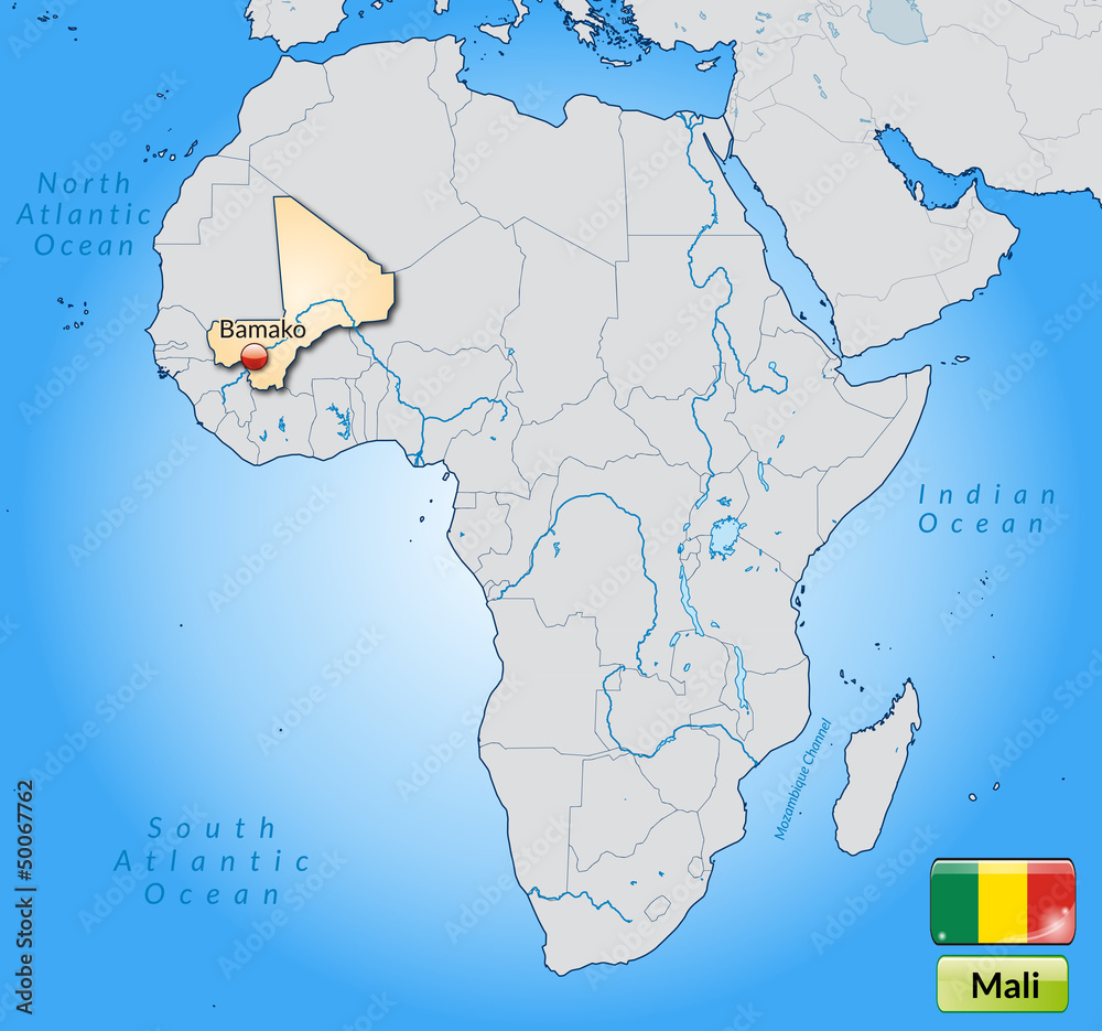 Übersichtskarte von Mali mit Landesflagge