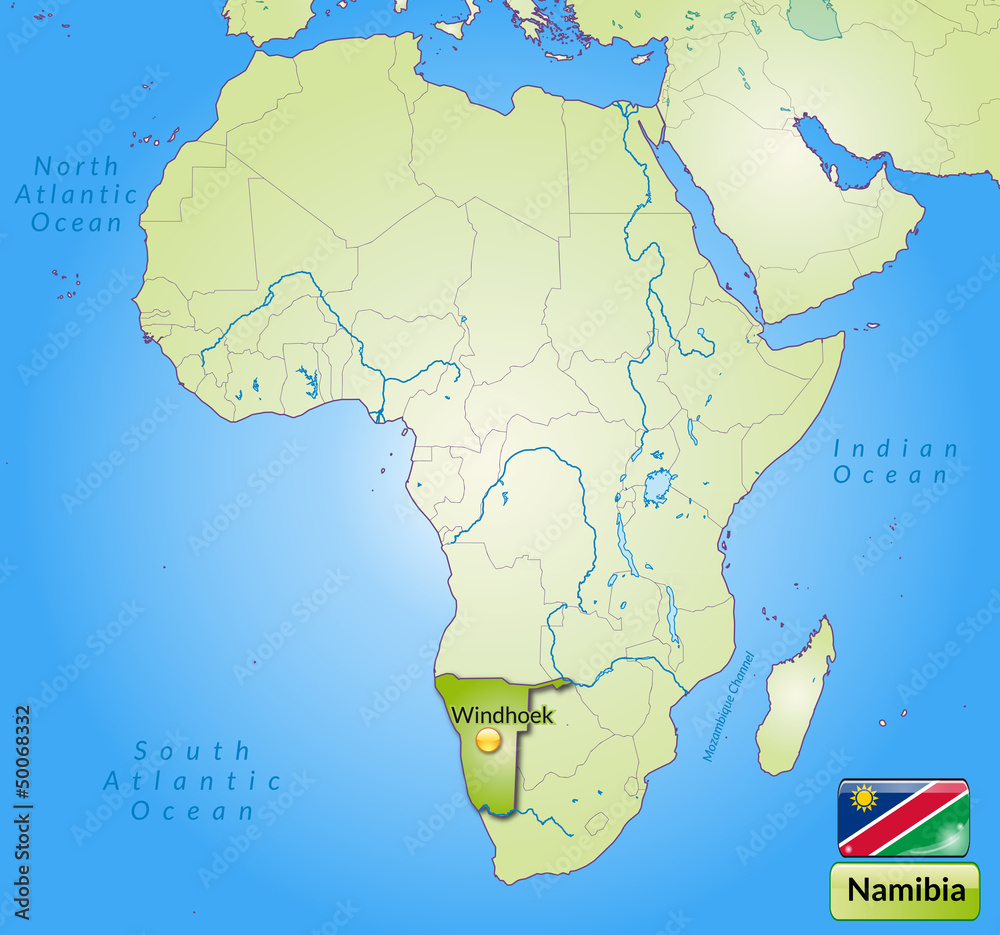 Übersichtskarte von Namibia mit Landesflagge
