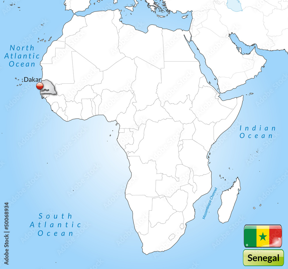 Übersichtskarte von Senegal mit Landesflagge
