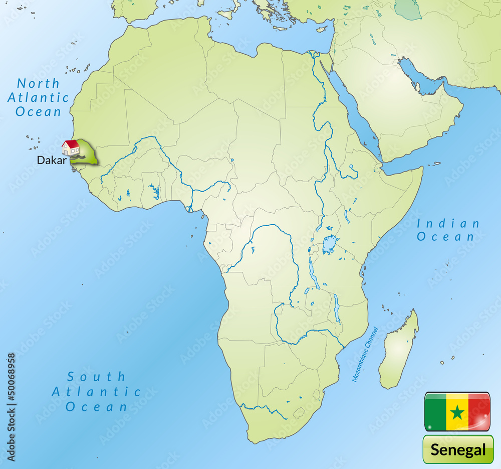 Übersichtskarte von Senegal mit Landesflagge