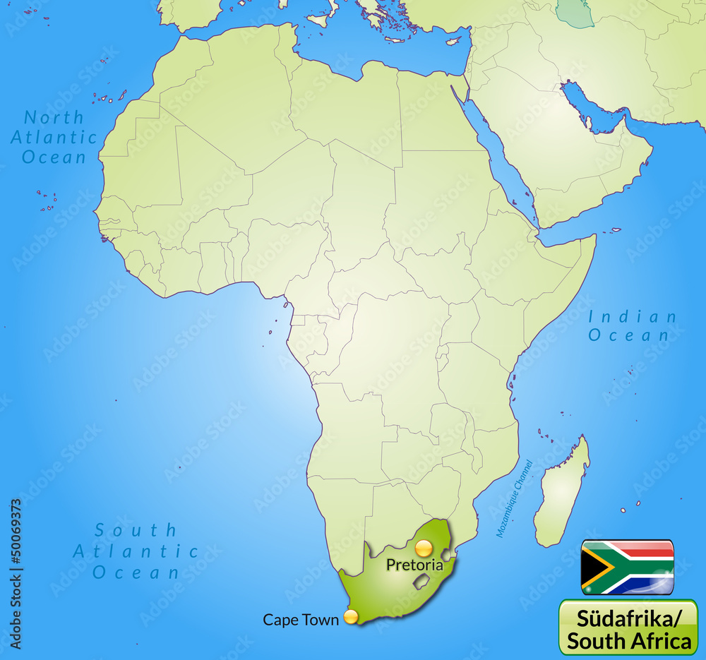 Übersichtskarte von Südafrika mit Landesflagge