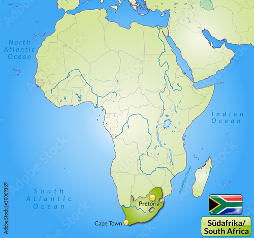 Übersichtskarte von Südafrika mit Landesflagge