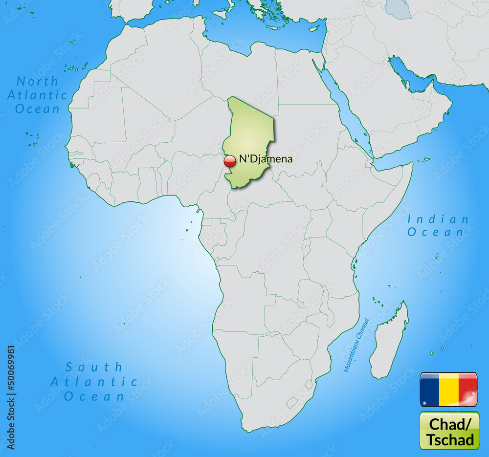 Übersichtskarte des Tschad mit Landesflagge
