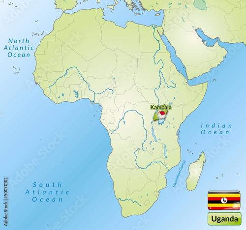 Übersichtskarte von Uganda mit Landesflagge
