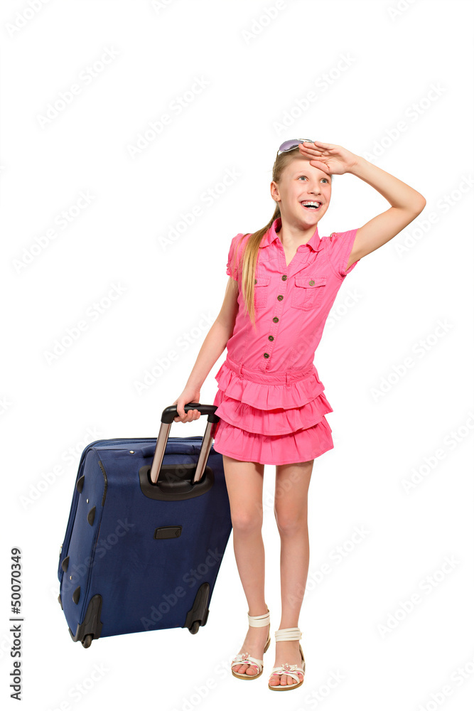 Smiling girl with suitcase and sunglasses Smiling girl with suitcase and sunglasses
