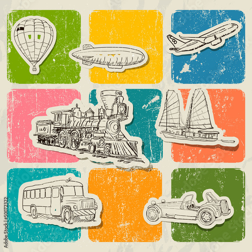 Vintage vector poster with different vehicles.