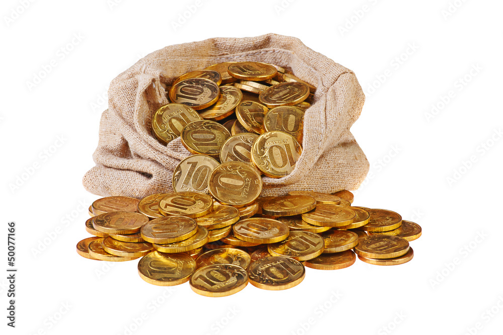Gold coins fall out of a canvas bag Gold coins fall out of a canvas bag