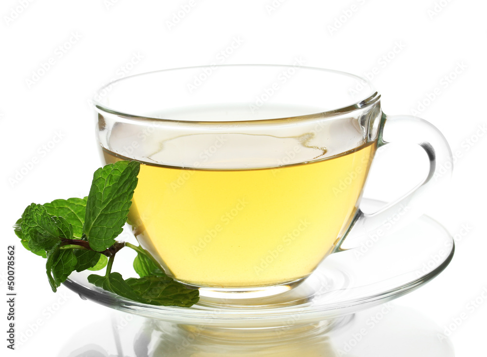 Cup of tea with mint isolated on white Cup of tea with mint isolated on white