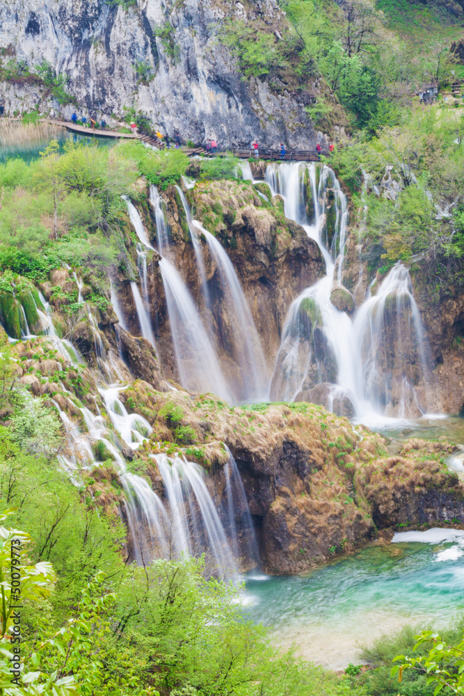 Waterfalls in Plitvice Lakes National Park, Croatia, view from a