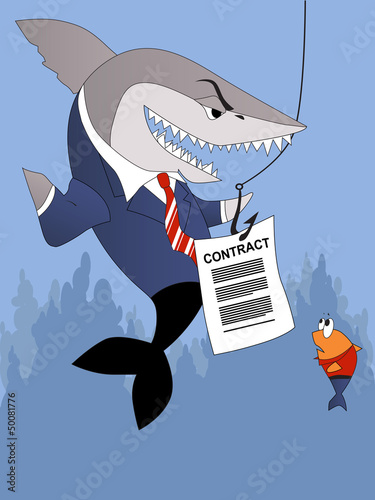 Business shark offers a contract to a small fish customer
