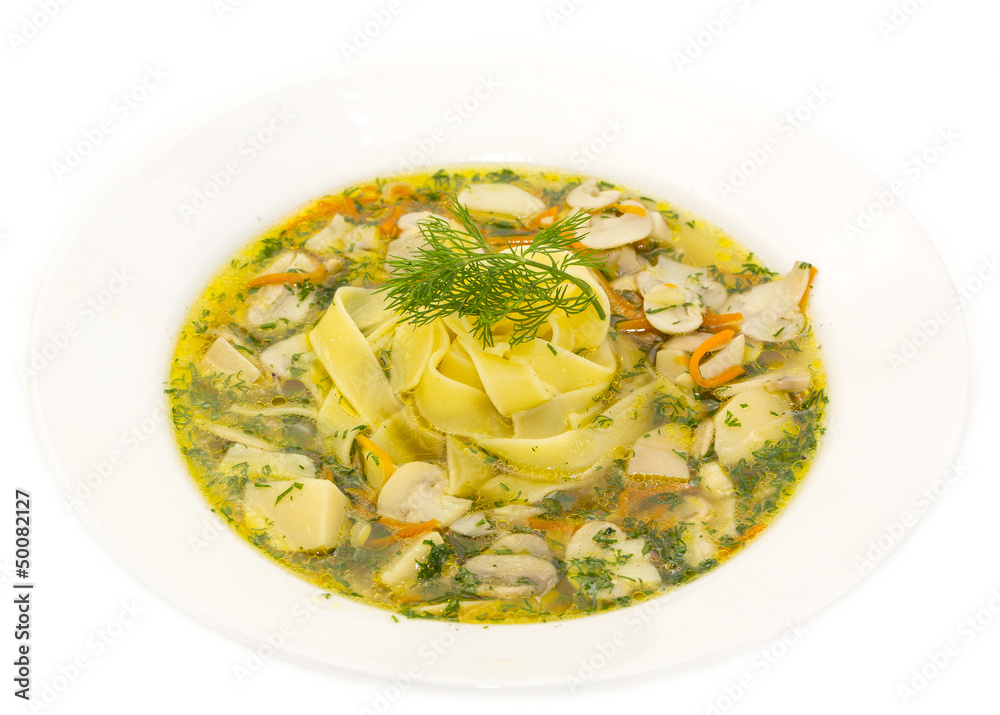 soup of vegetables and mushrooms in a restaurant soup of vegetables and mushrooms in a restaurant