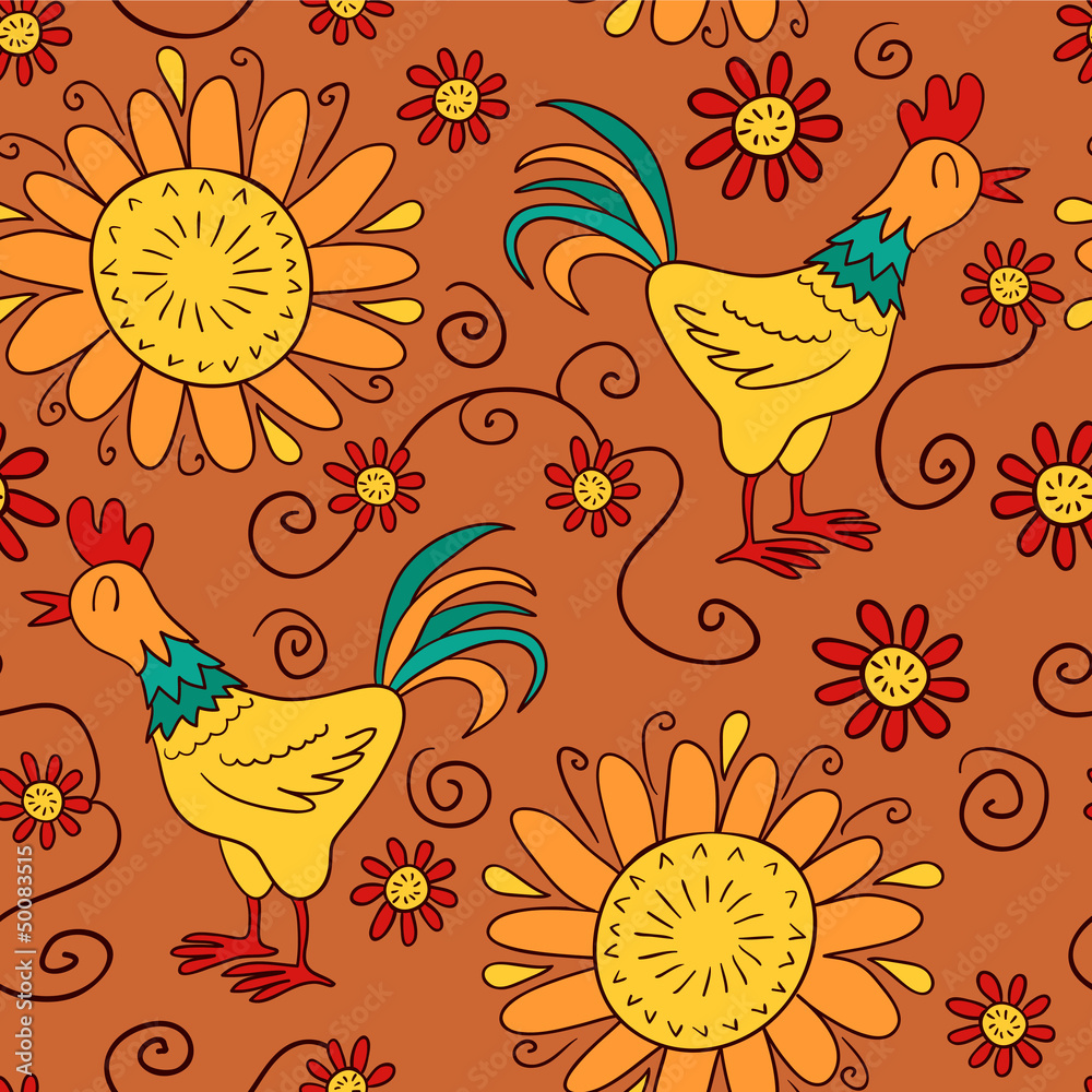 Cute seamless pattern with cocks and flowers