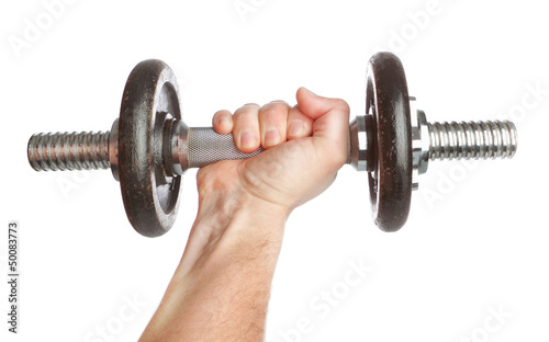 Man's hand and Fitness dumbbell on a white background.