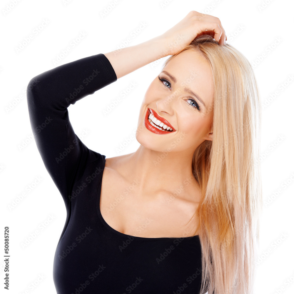 Cute blond girl with red lipstick on her lips Cute blond girl with red lipstick on her lips