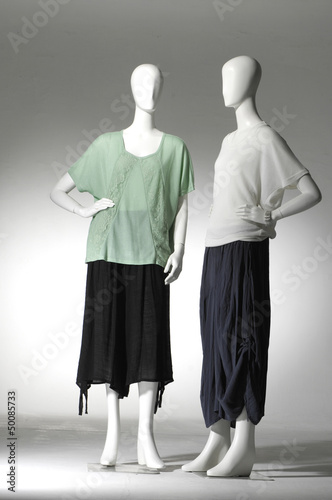 full-length fashion clothes on two female mannequin