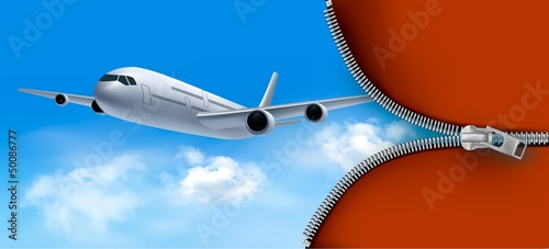 Travel background with airplane and white clouds