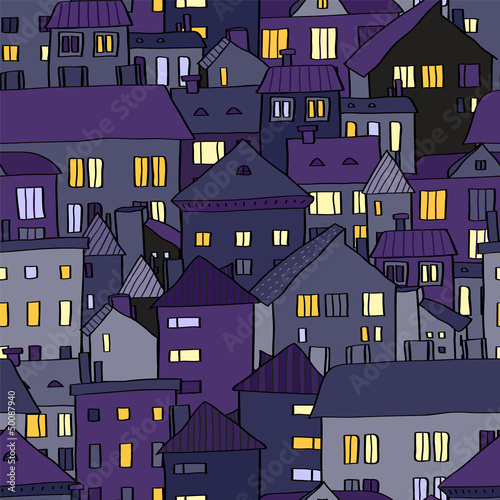 Panorama old town at night in violet seamless pattern, vector