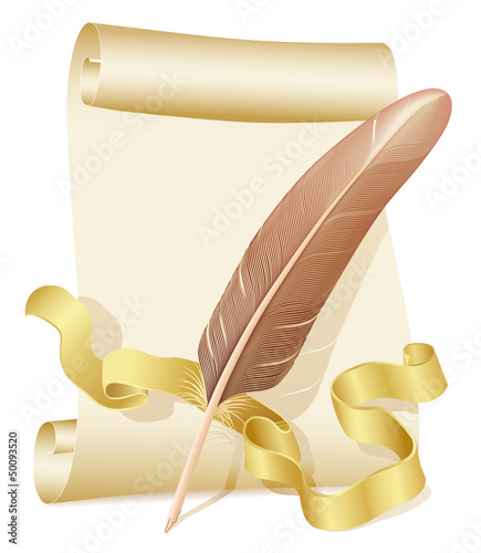 Old scroll, golden ribbon and quill