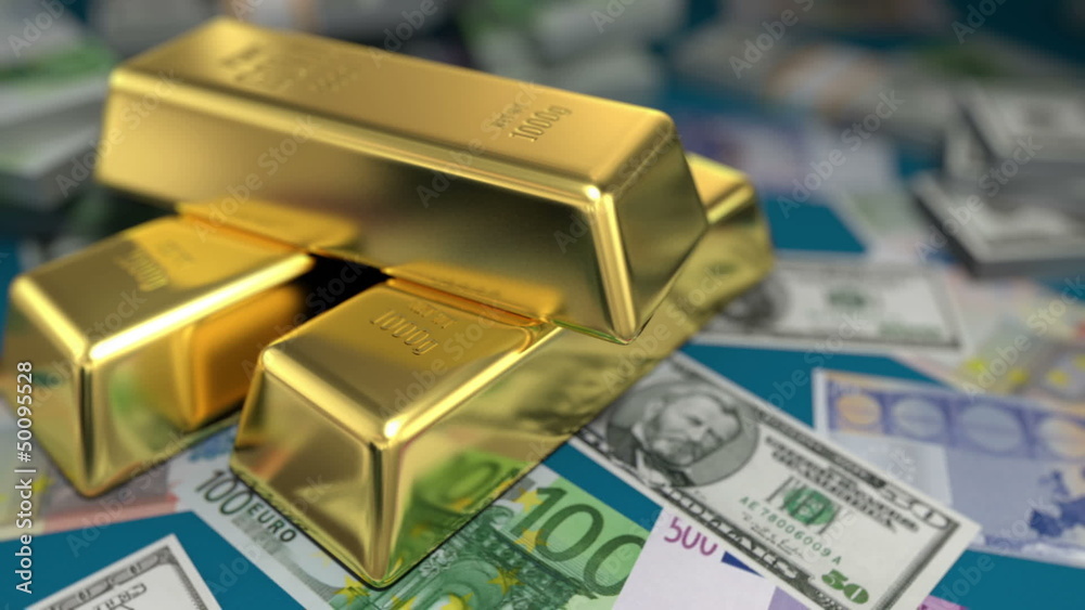 gold bars and money on a table, 3d animation gold bars and money on a table, 3d animation