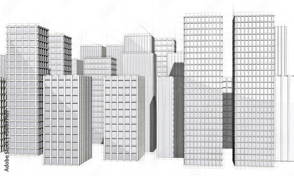 drawing of cityscape with skyscraper