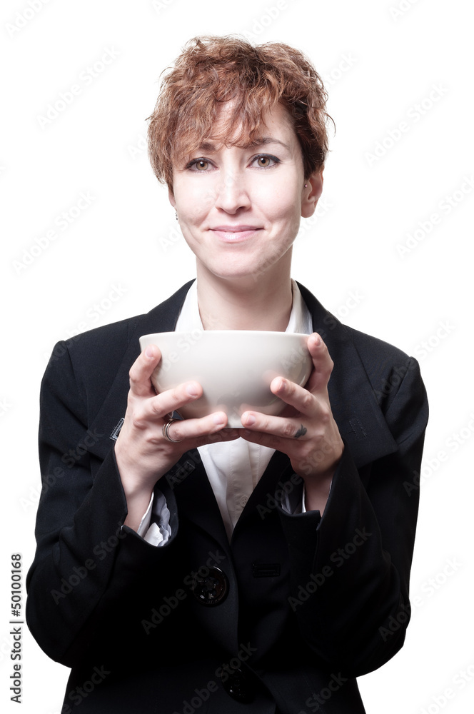 smiling success short hair business woman with cup smiling success short hair business woman with cup