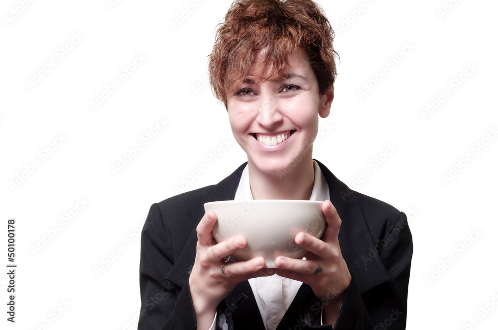 smiling success short hair business woman with cup smiling success short hair business woman with cup