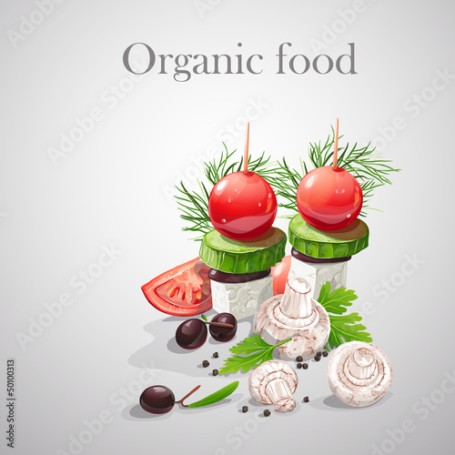 Background with fresh vegetables, tomatoes, mushrooms, olives